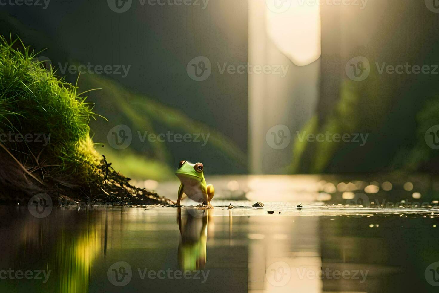 a frog standing in the water with a green frog. AI-Generated photo