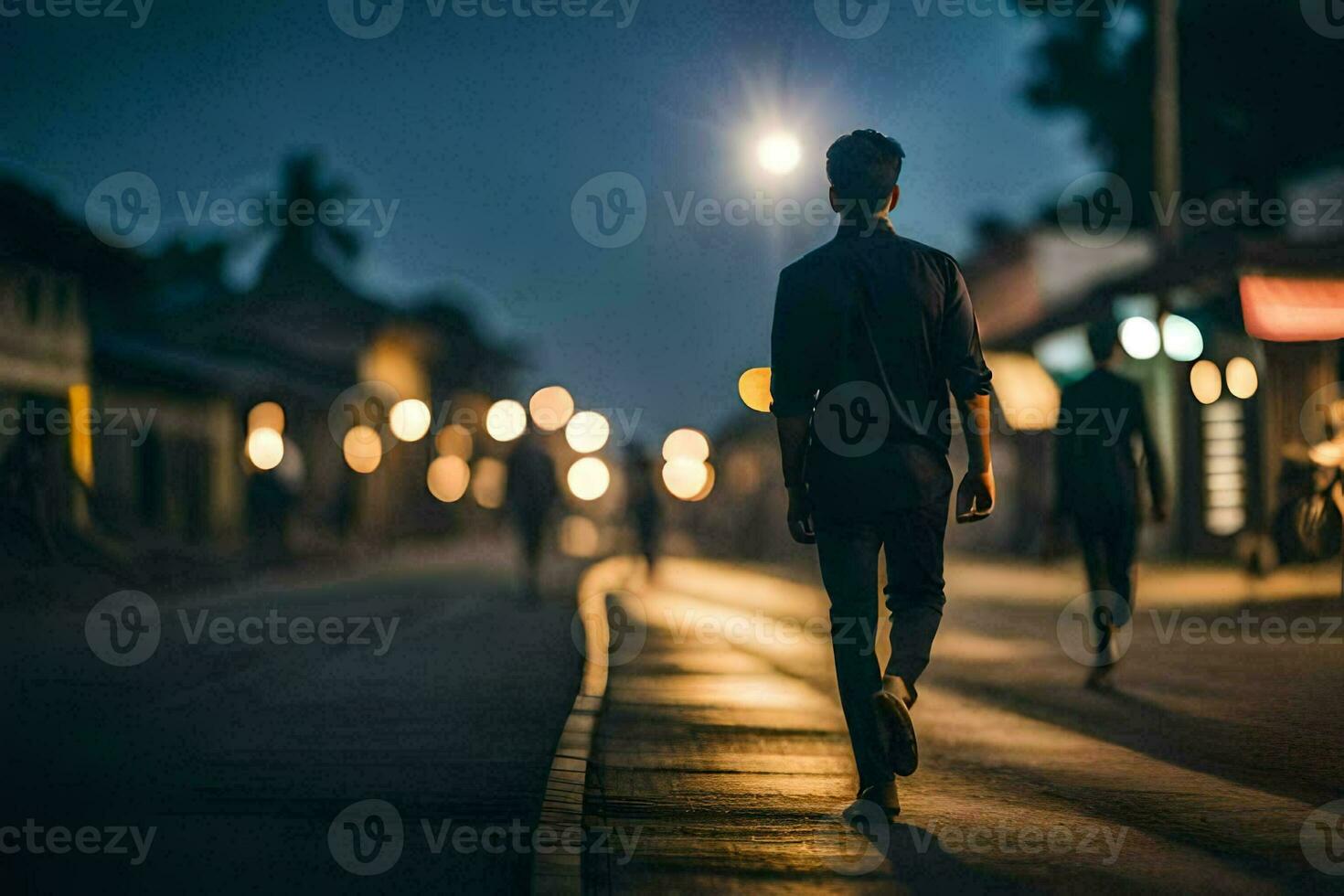 a man walking down a street at night. AI-Generated photo