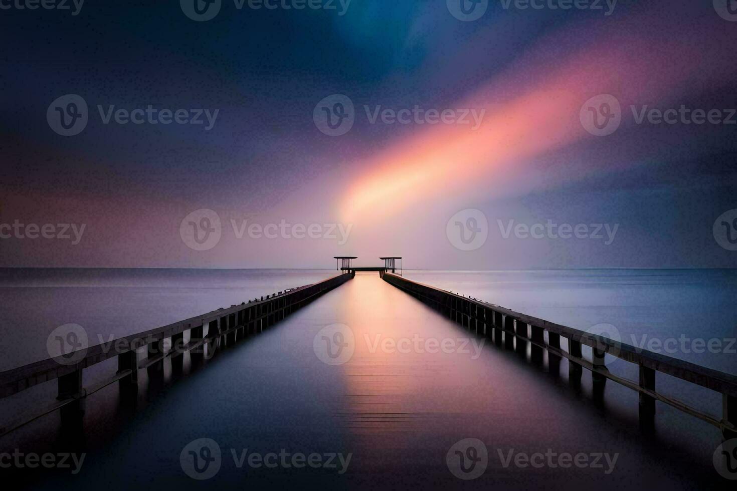 a long pier with a long bridge leading to the ocean. AI-Generated photo