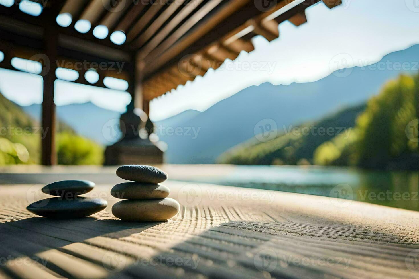 stones on the deck of a lake. AI-Generated photo