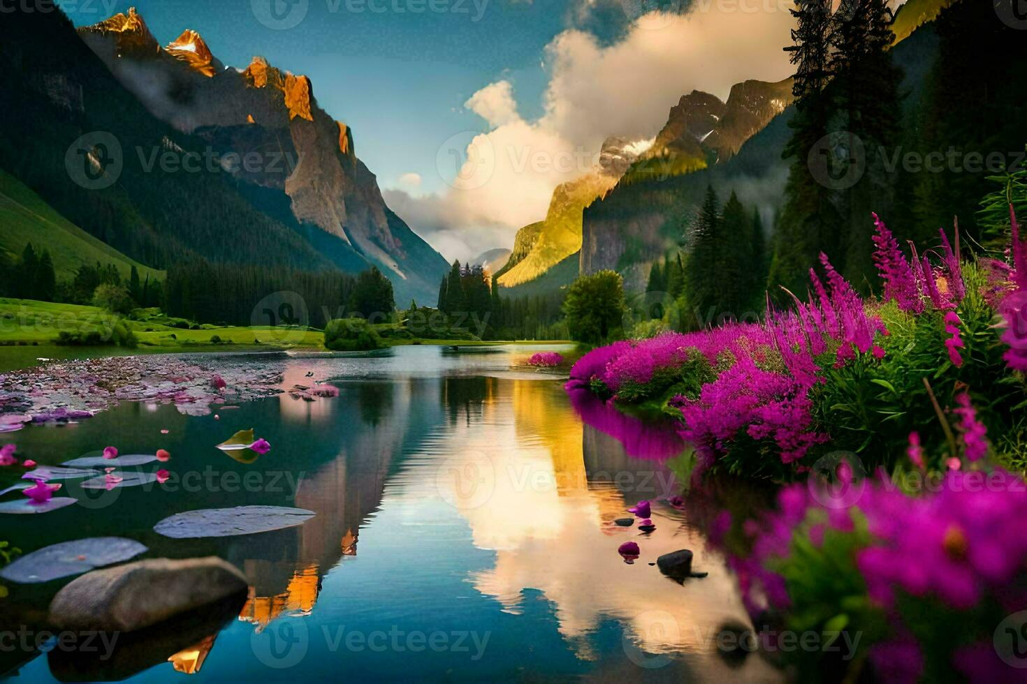 the mountains are reflected in the water and purple flowers. AI-Generated photo