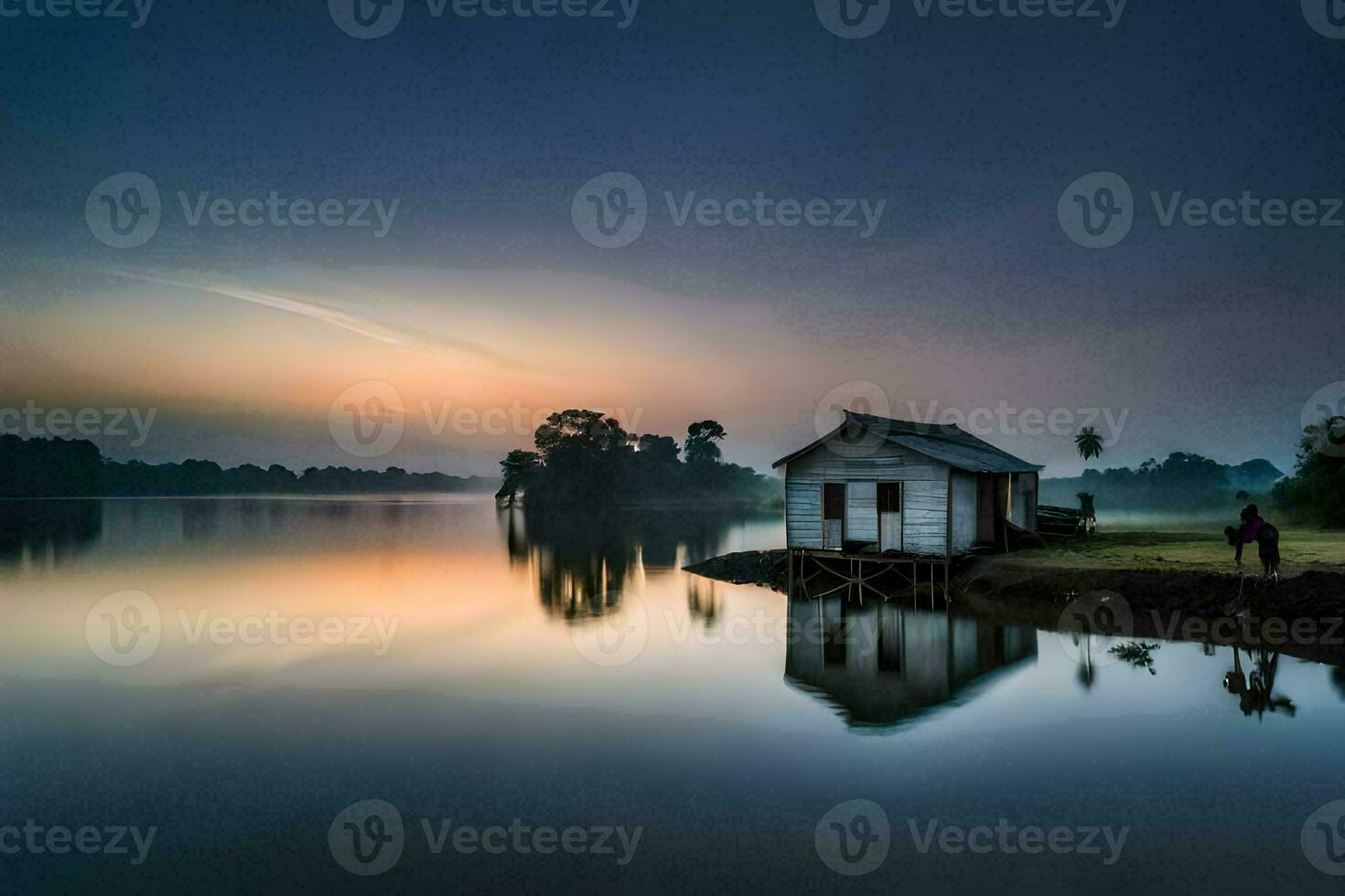 a small house sits on the edge of a lake at sunset. AI-Generated photo