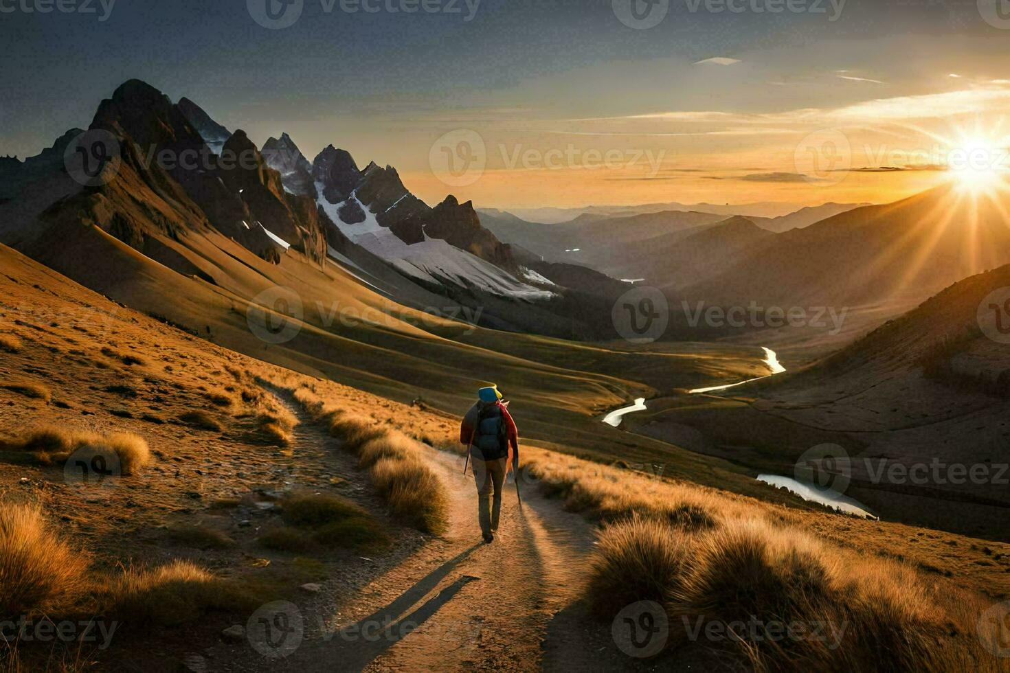 a person walking on a trail in the mountains. AI-Generated photo