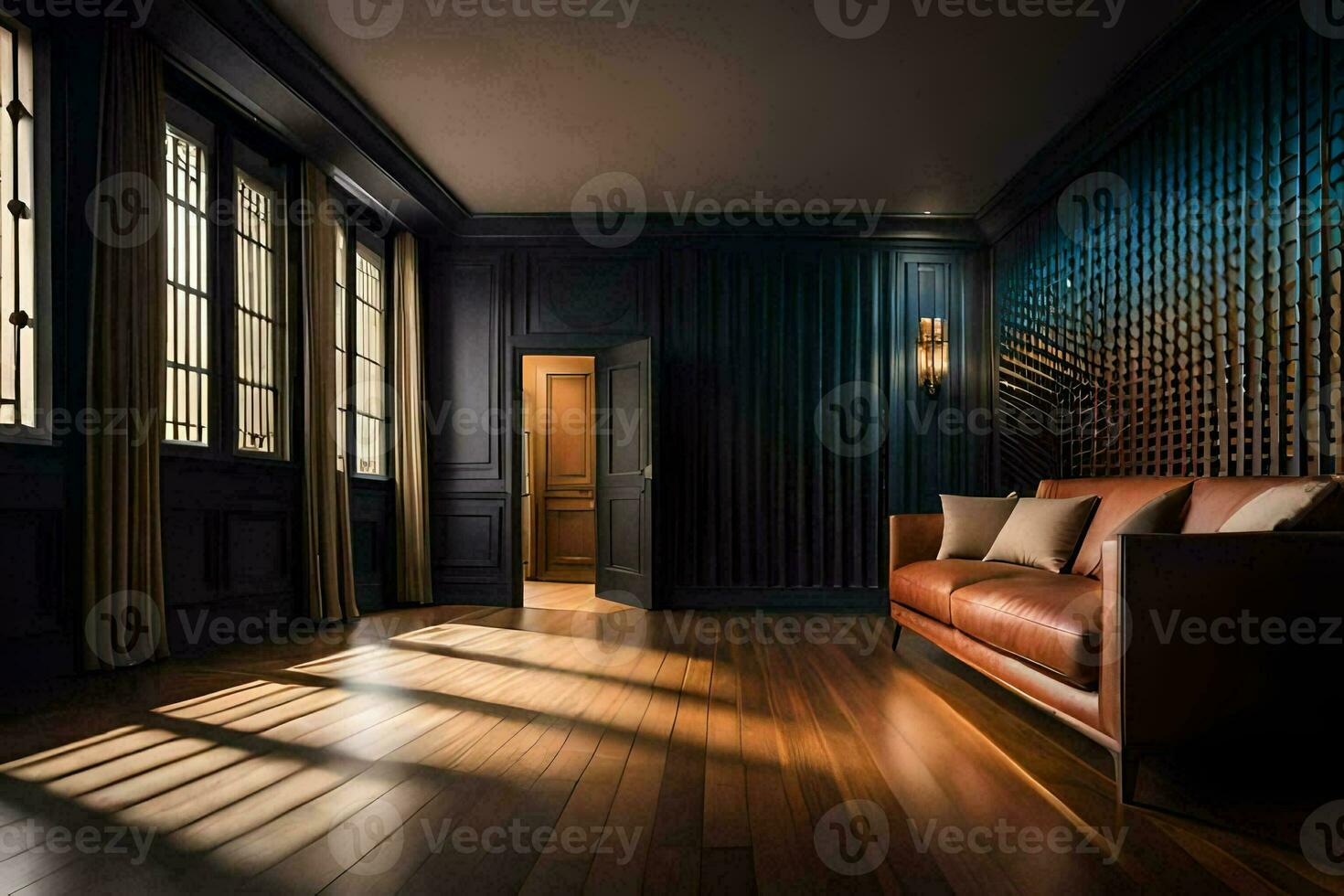 a dark room with a leather couch and wooden floor. AI-Generated photo