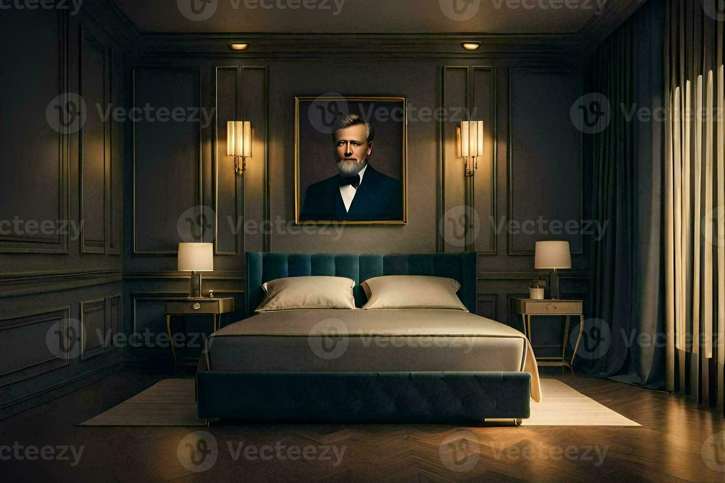 a bedroom with a large bed and a painting on the wall. AI-Generated photo