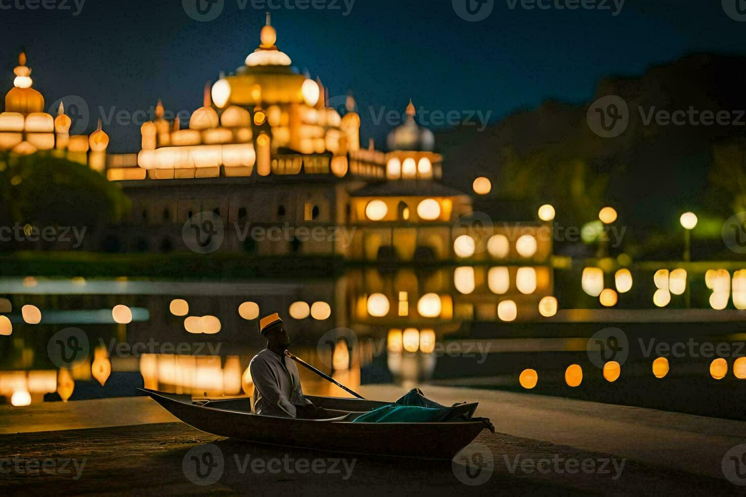 a man in a boat sits on the water in front of a building at night. AI-Generated photo