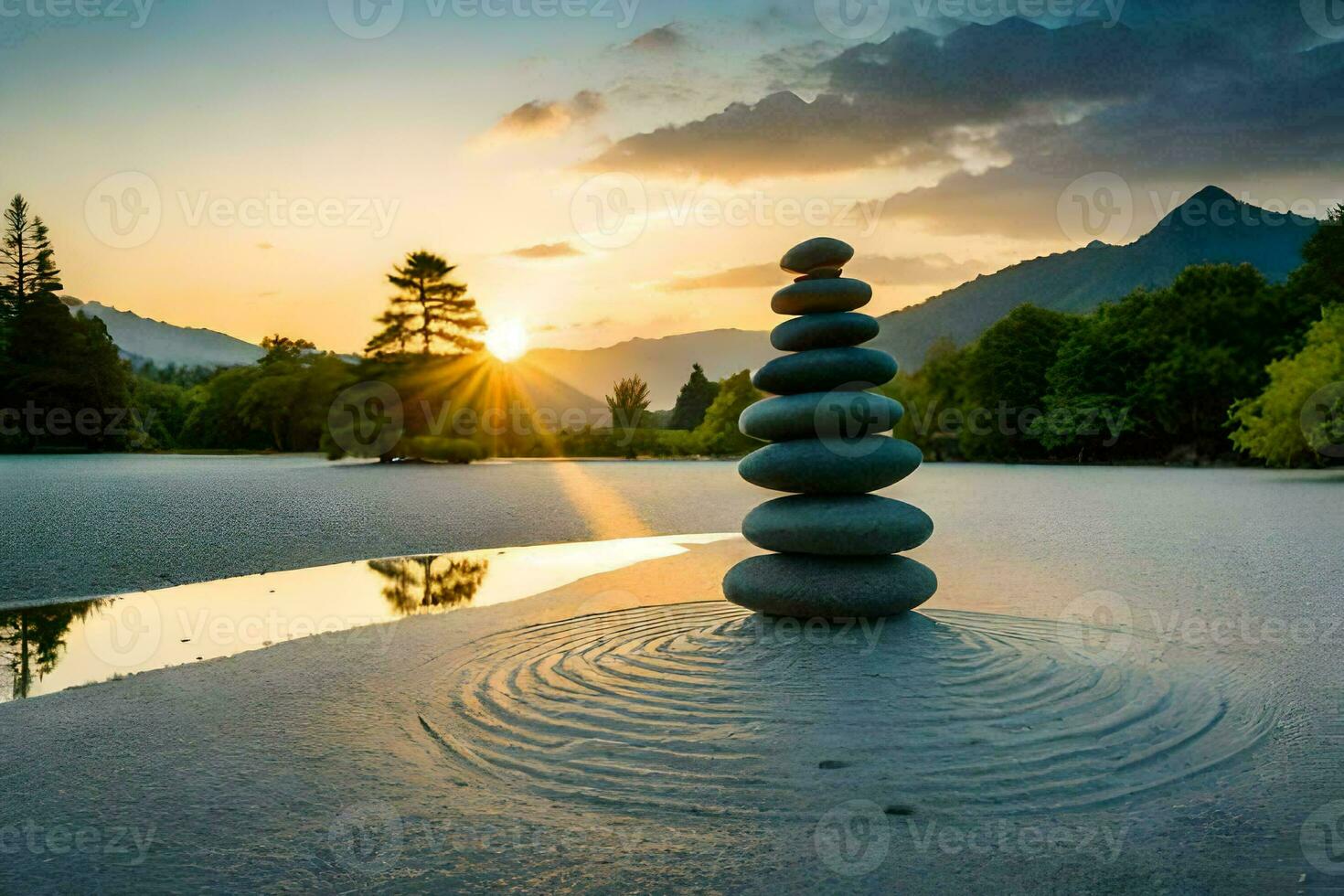 a stack of stones in the sand at sunset. AI-Generated photo