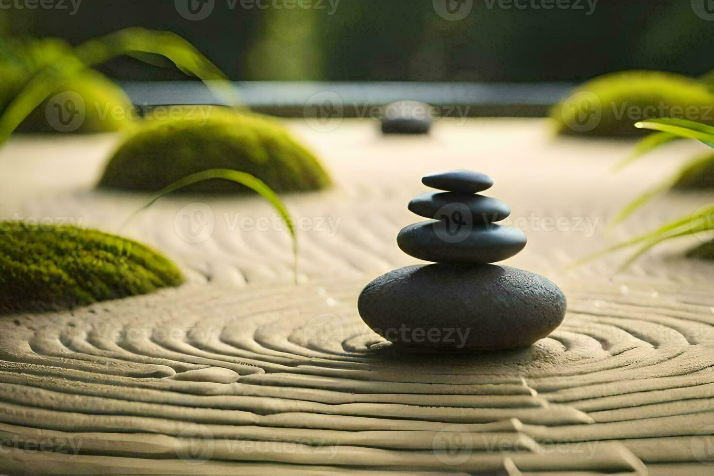 a zen garden with stones and grass. AI-Generated photo