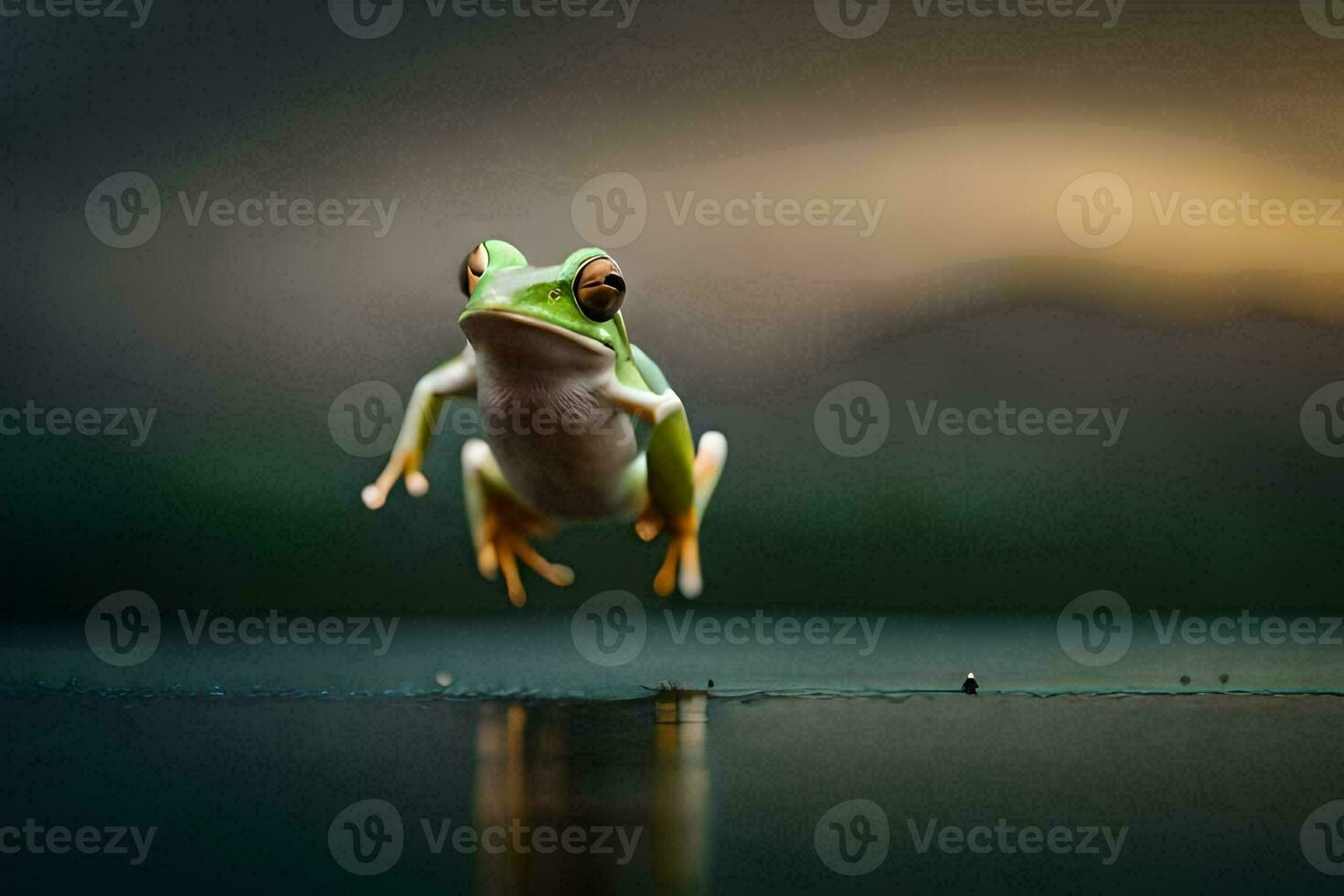 a frog jumping into the air with its eyes closed. AI-Generated photo