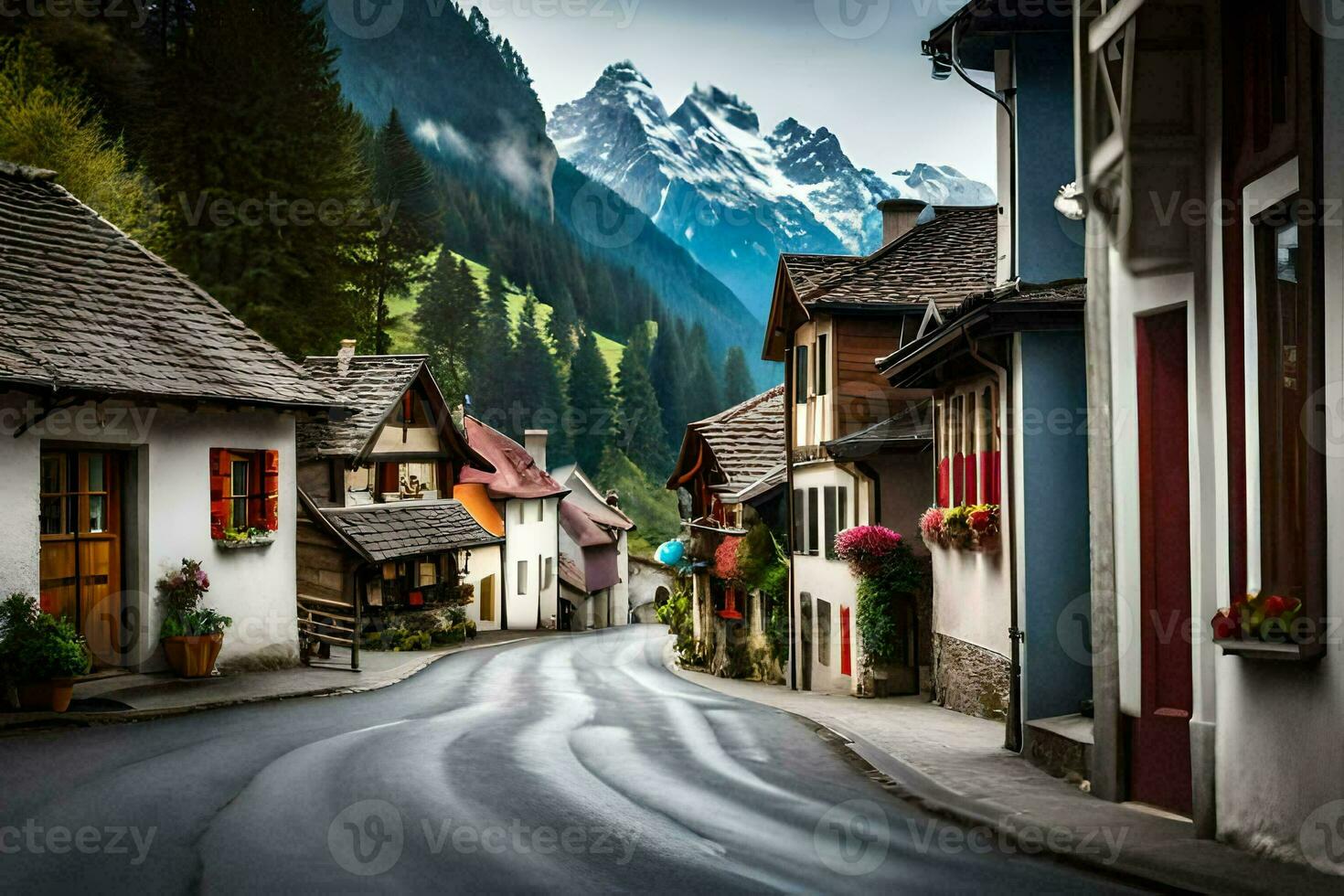 a street in the mountains with mountains in the background. AI-Generated photo