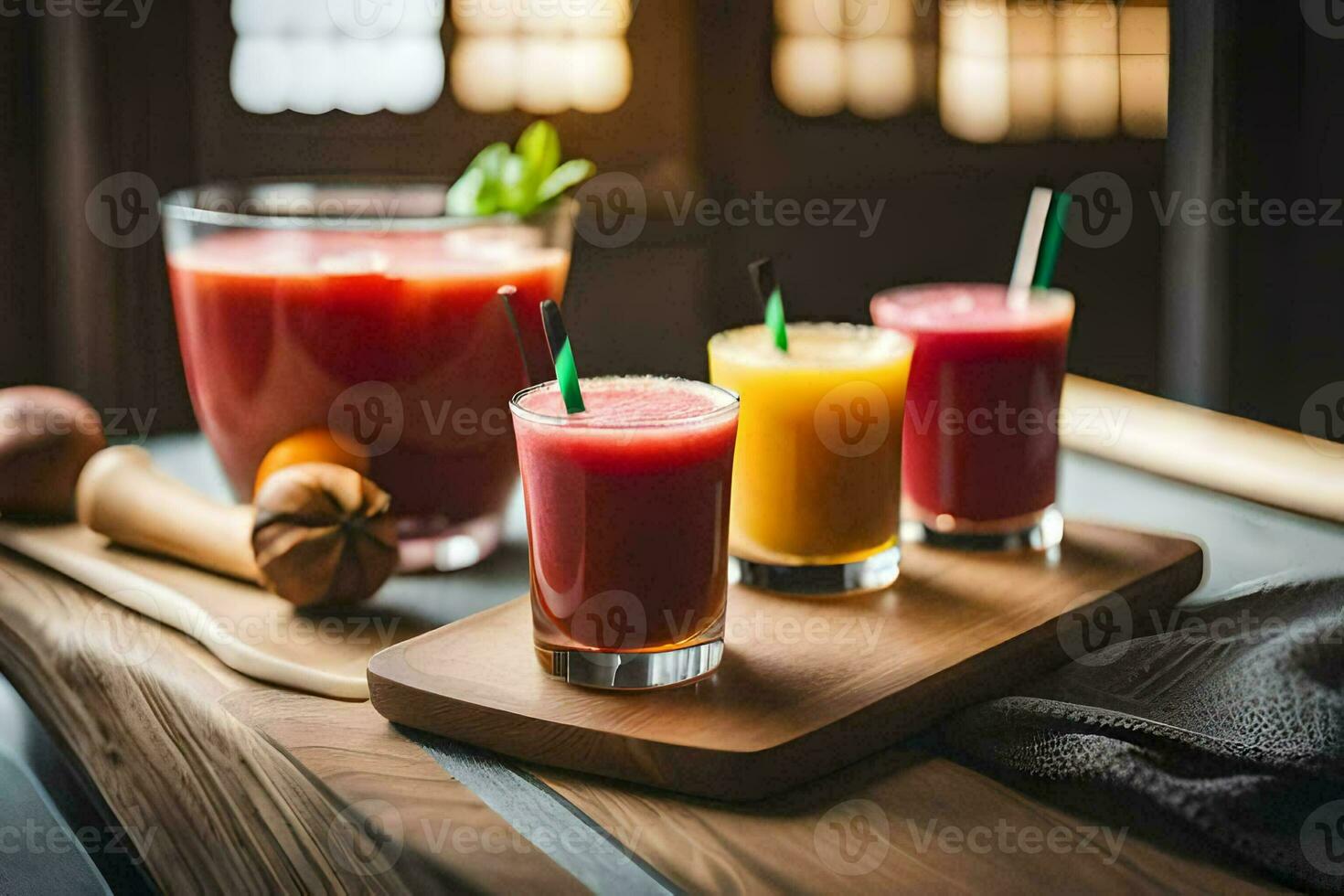 three different types of juices sit on a wooden tray. AI-Generated photo