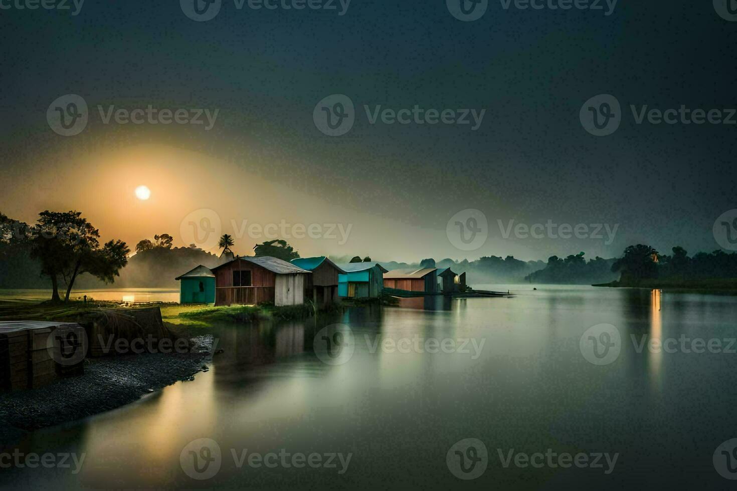 a river at sunrise with houses on the shore. AI-Generated photo