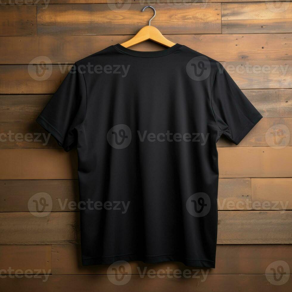 A view from back Luxurious plain black oversize t-shirt mockup with a hanger hanging on a wooden background, AI Generative photo