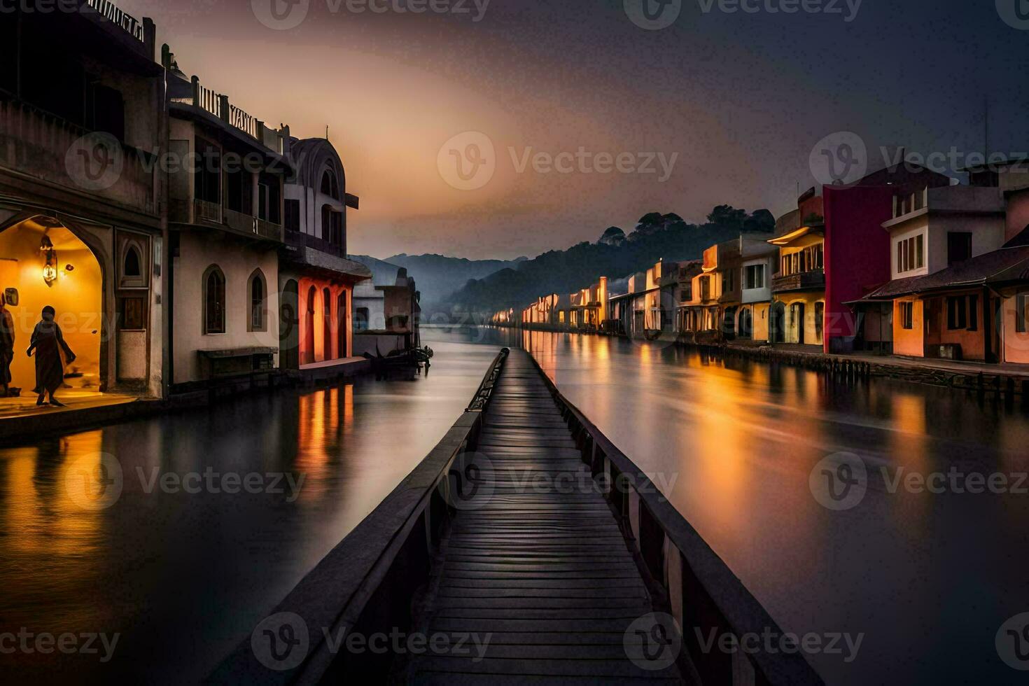a long wooden bridge leads to a river in the middle of a town. AI-Generated photo
