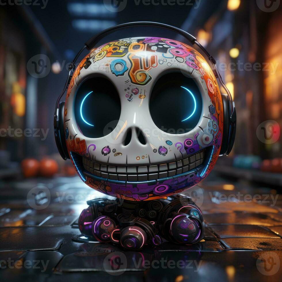 Pixar of a cute skeleton skull image with a robotic texture, AI Generative photo