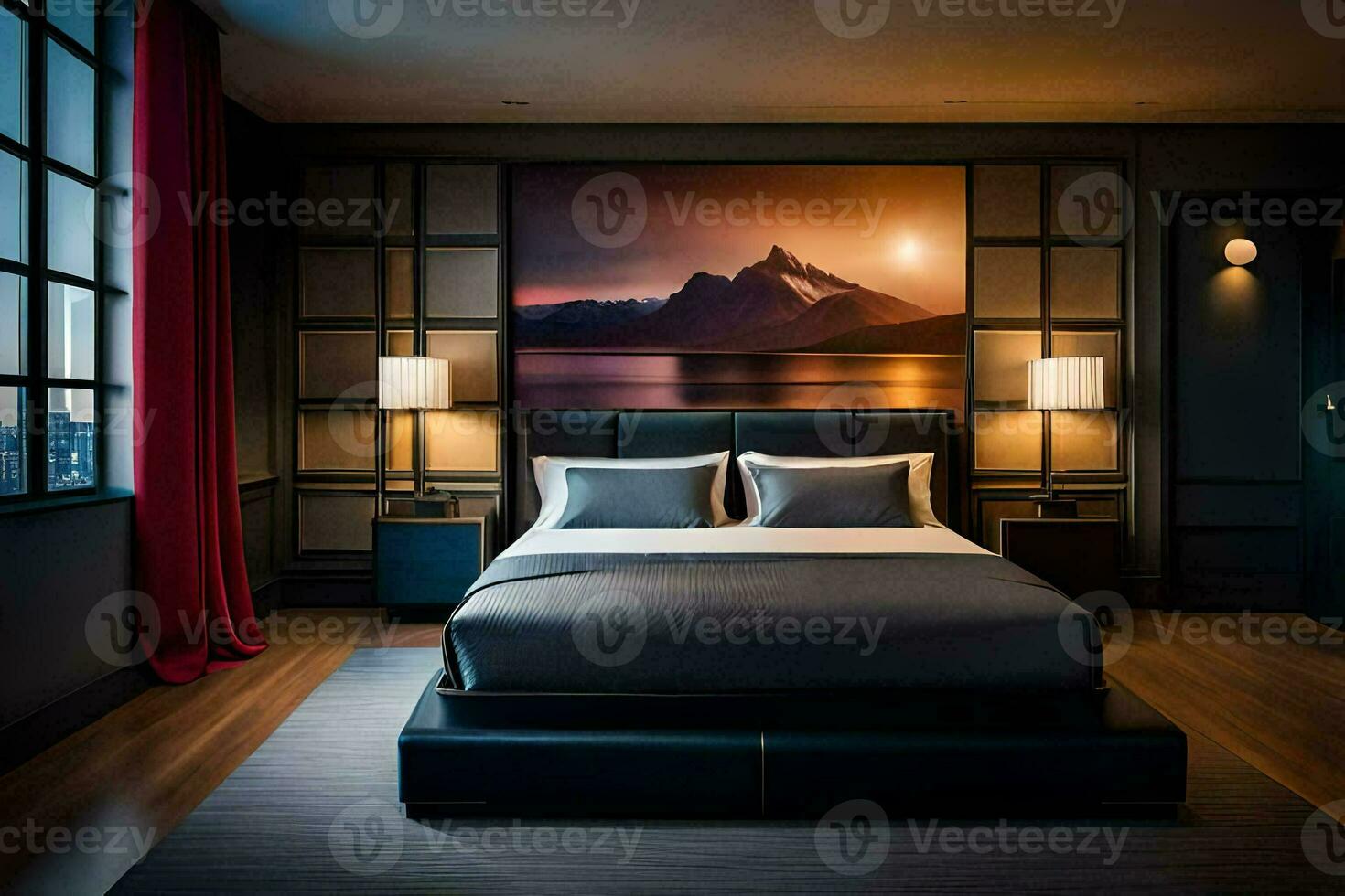 a bedroom with a large picture on the wall. AI-Generated photo