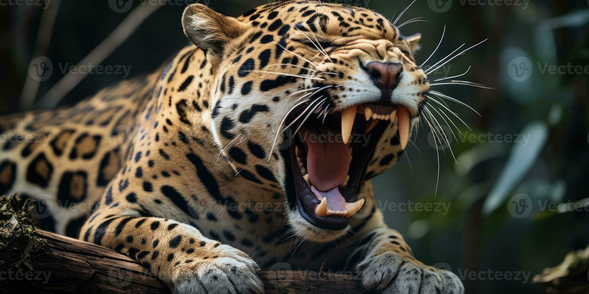 Magnificent Jaguar resting on a tree trunk with open mouth AI Generative photo