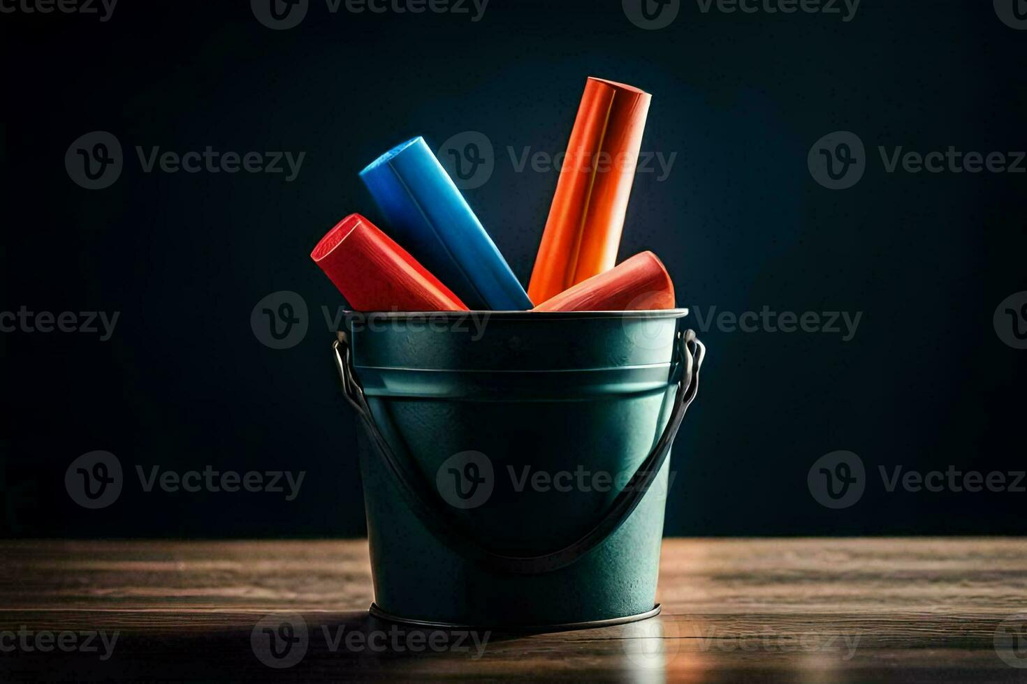 a bucket filled with colored pencils on a table. AI-Generated photo