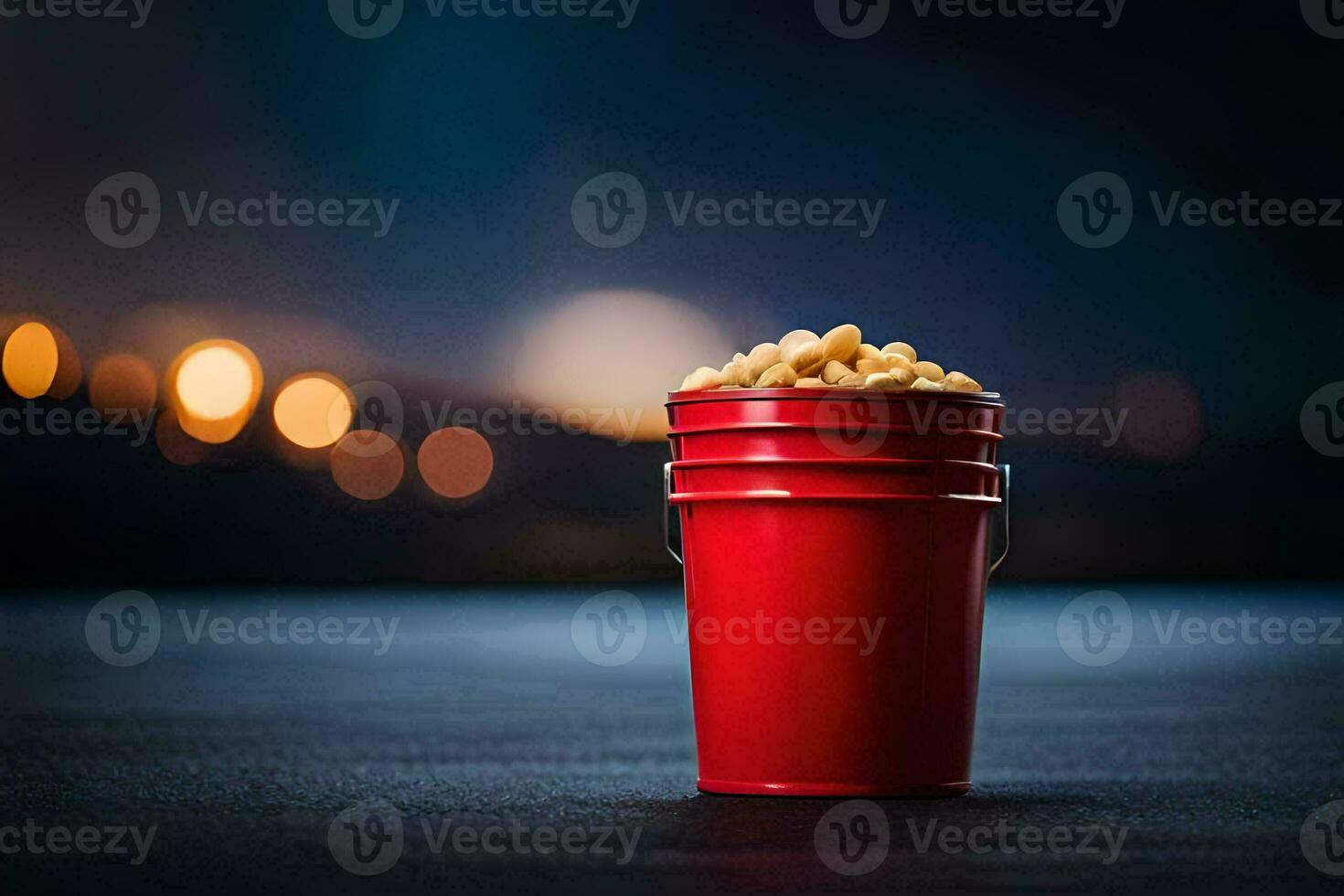 a red bucket filled with popcorn on a dark road. AI-Generated photo