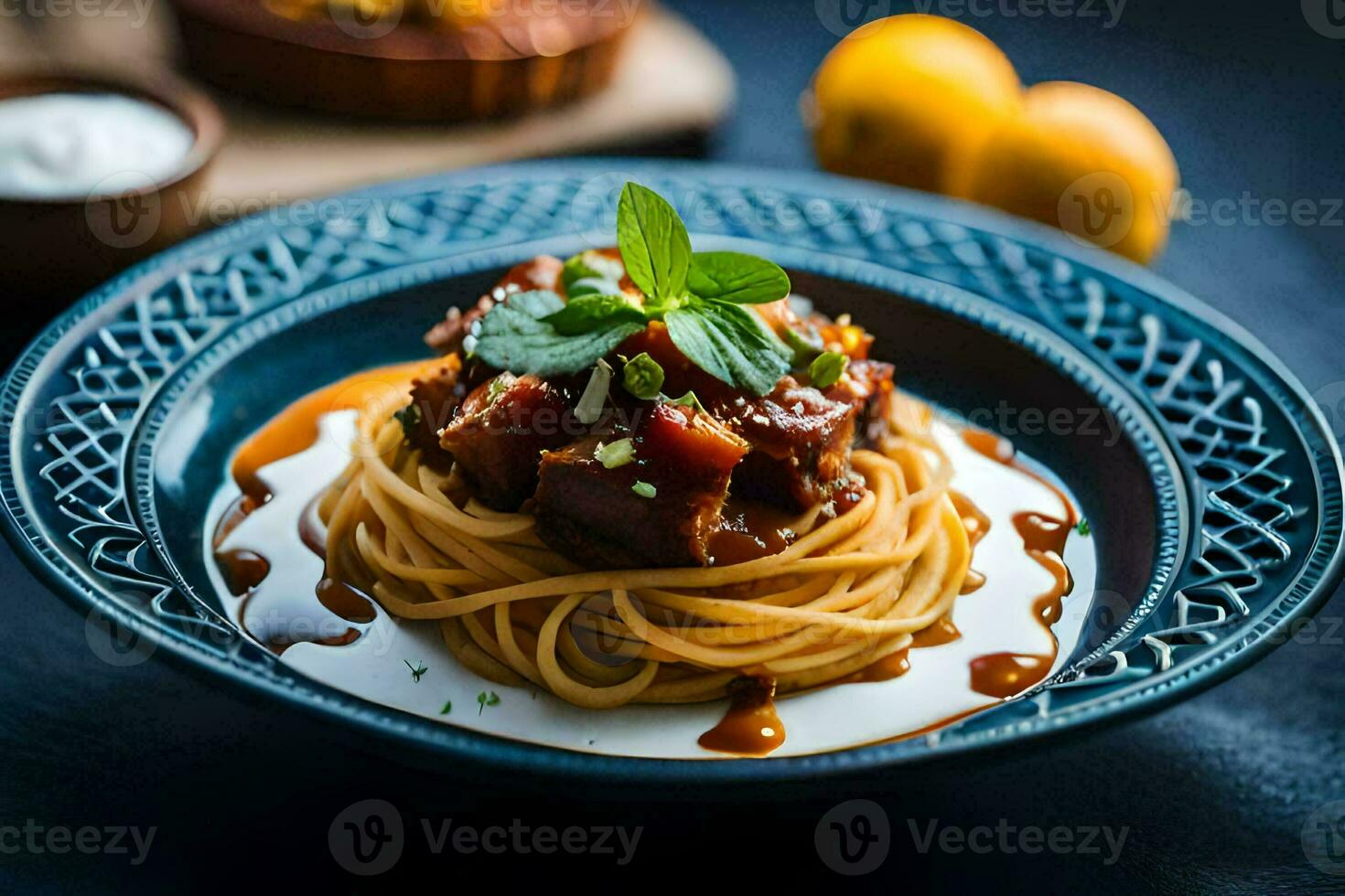 spaghetti with meat and sauce on a blue plate. AI-Generated photo