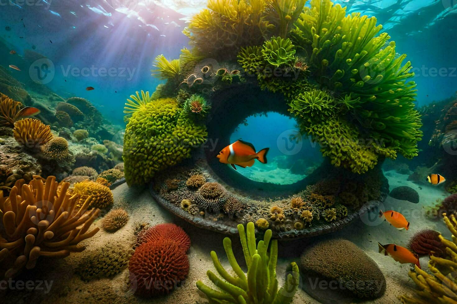 an underwater scene with an anemone and clown fish. AI-Generated photo