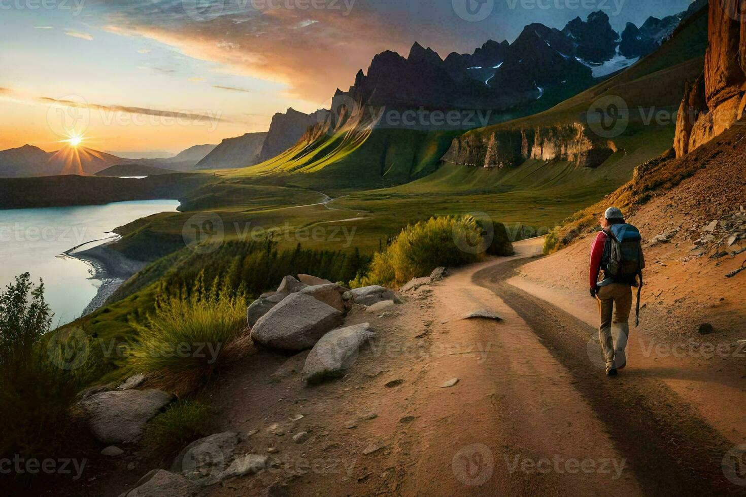 un hombre camina a lo largo un camino en el montañas a puesta de sol. generado por ai foto