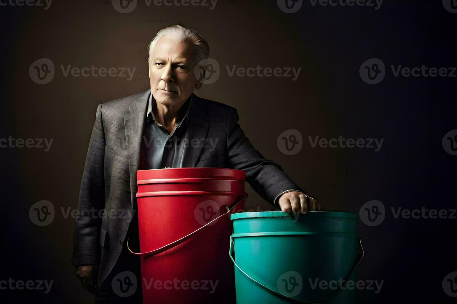 an older man in a suit and tie leaning against two large buckets. AI-Generated photo