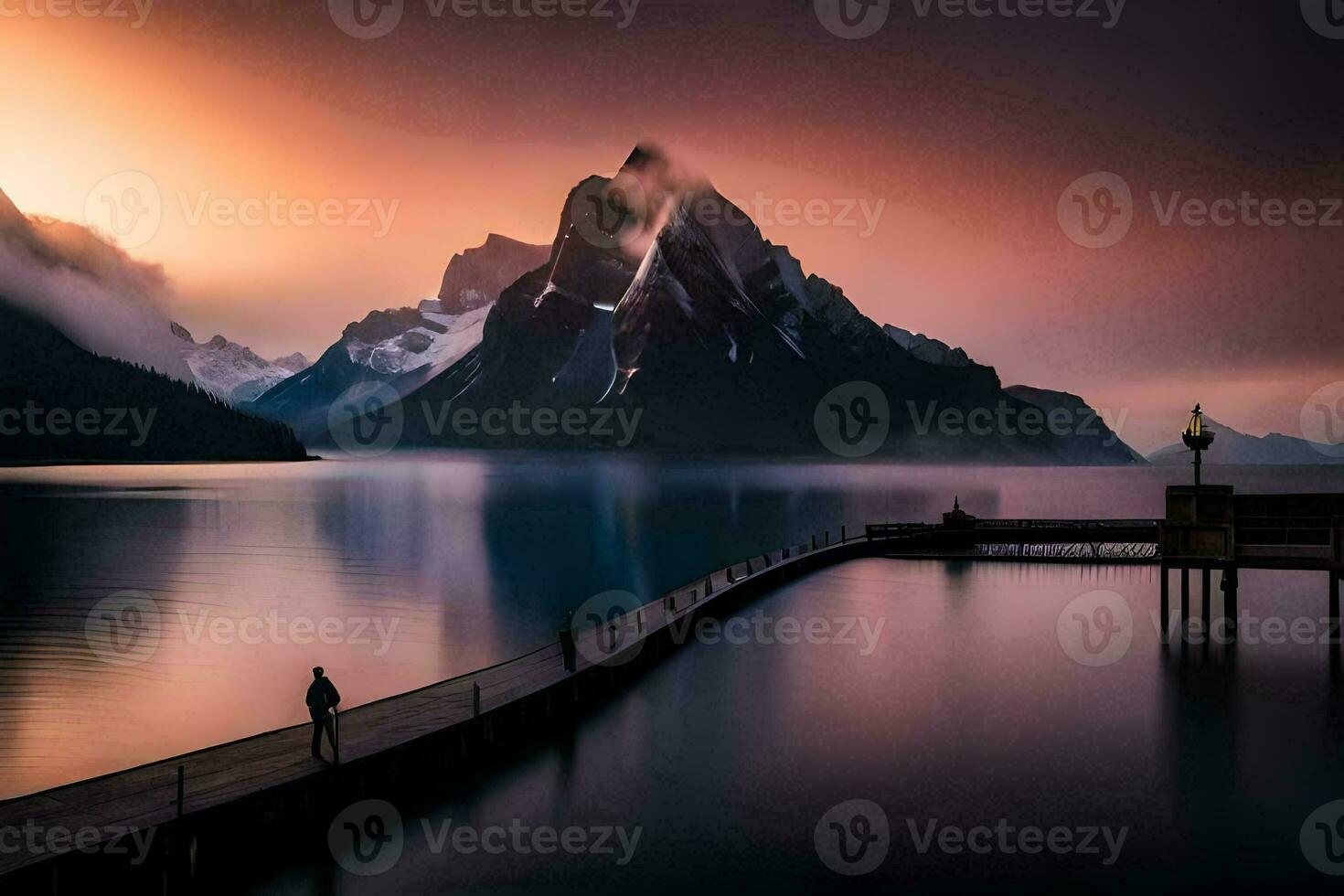 a man stands on a dock looking at a mountain range. AI-Generated photo