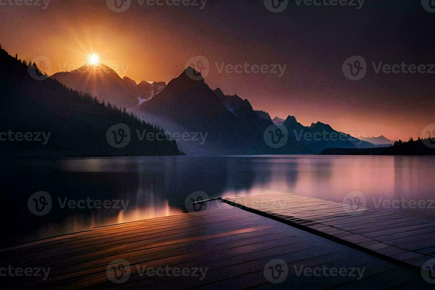 a wooden dock in the middle of a lake at sunset. AI-Generated photo