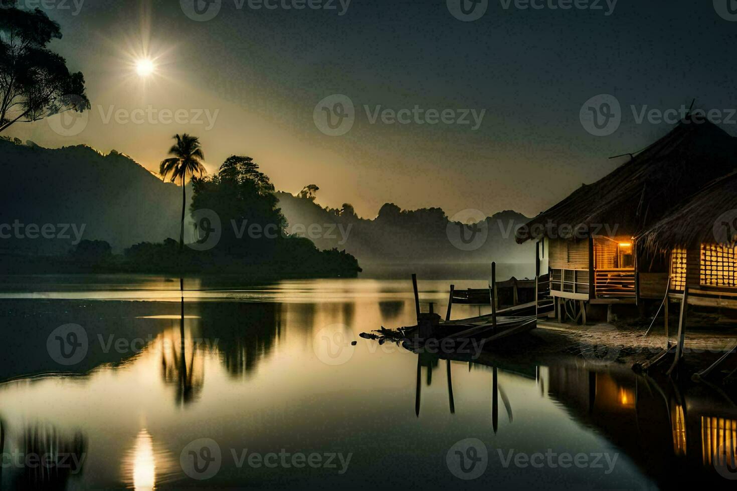 a hut sits on the shore of a lake at sunset. AI-Generated photo