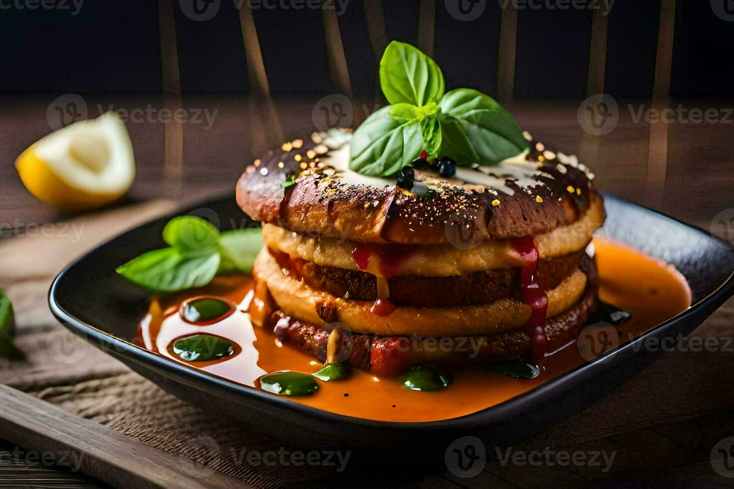 a stack of pancakes with sauce and garnish. AI-Generated photo