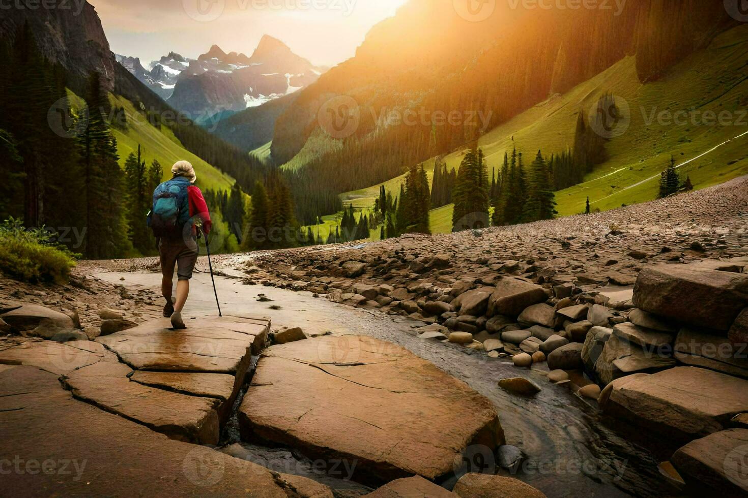 hiker walking on a rocky path in the mountains. AI-Generated photo