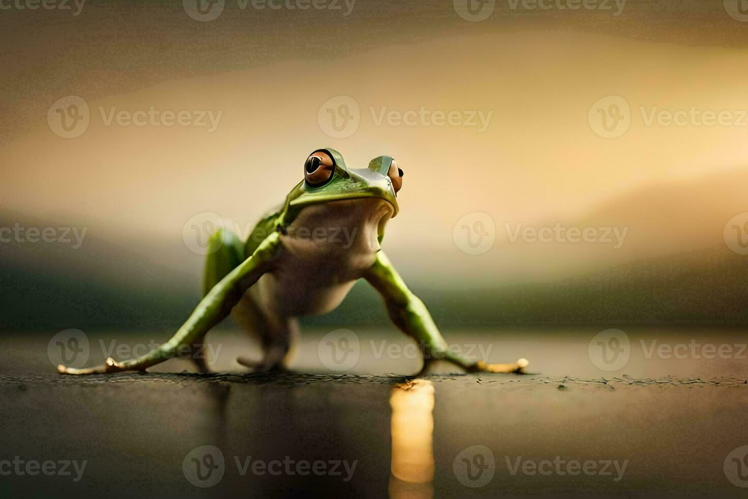 a frog standing on a wet surface with a sunset in the background. AI-Generated photo