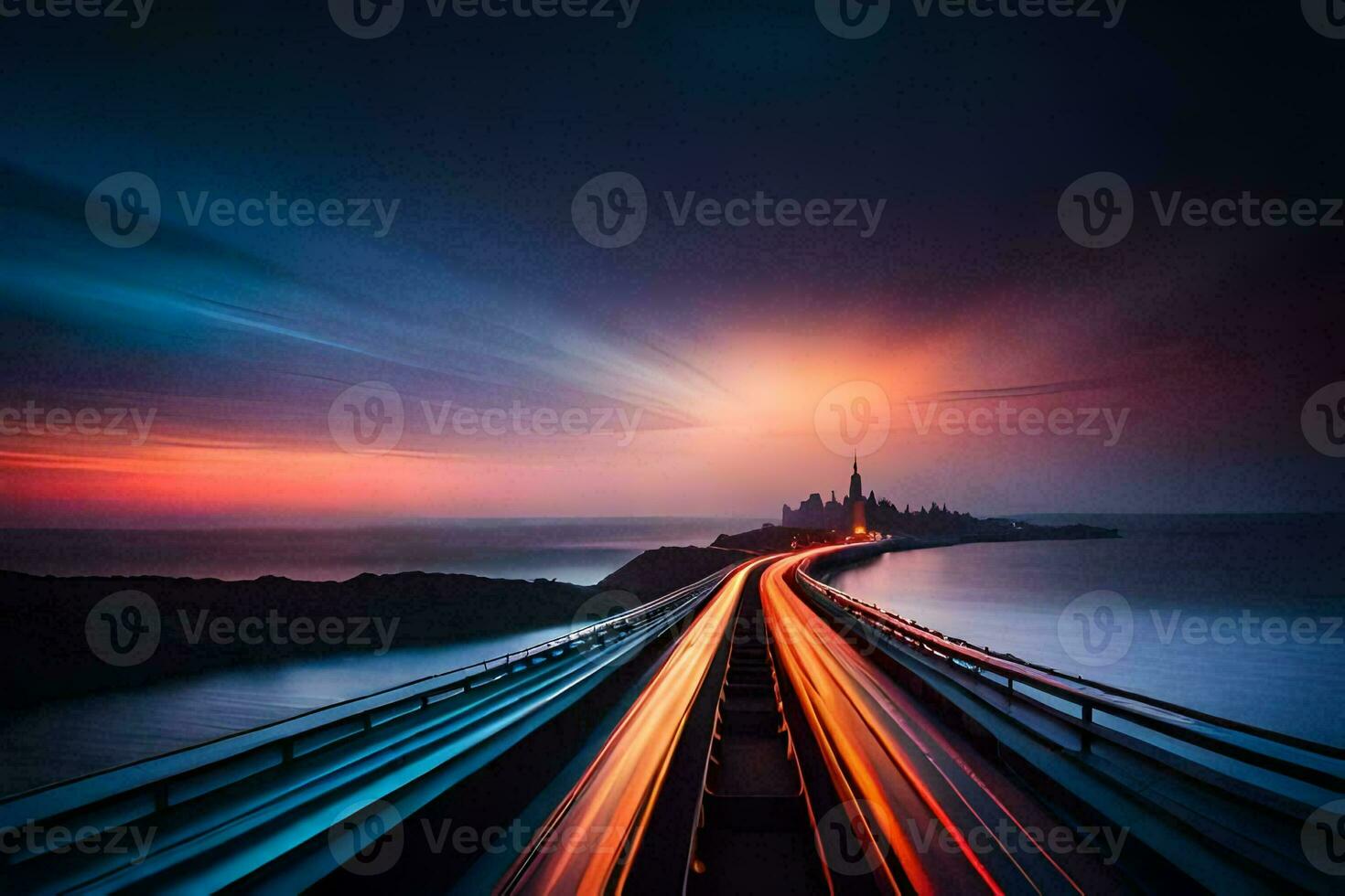 a long exposure photo of a bridge with a city in the background. AI-Generated