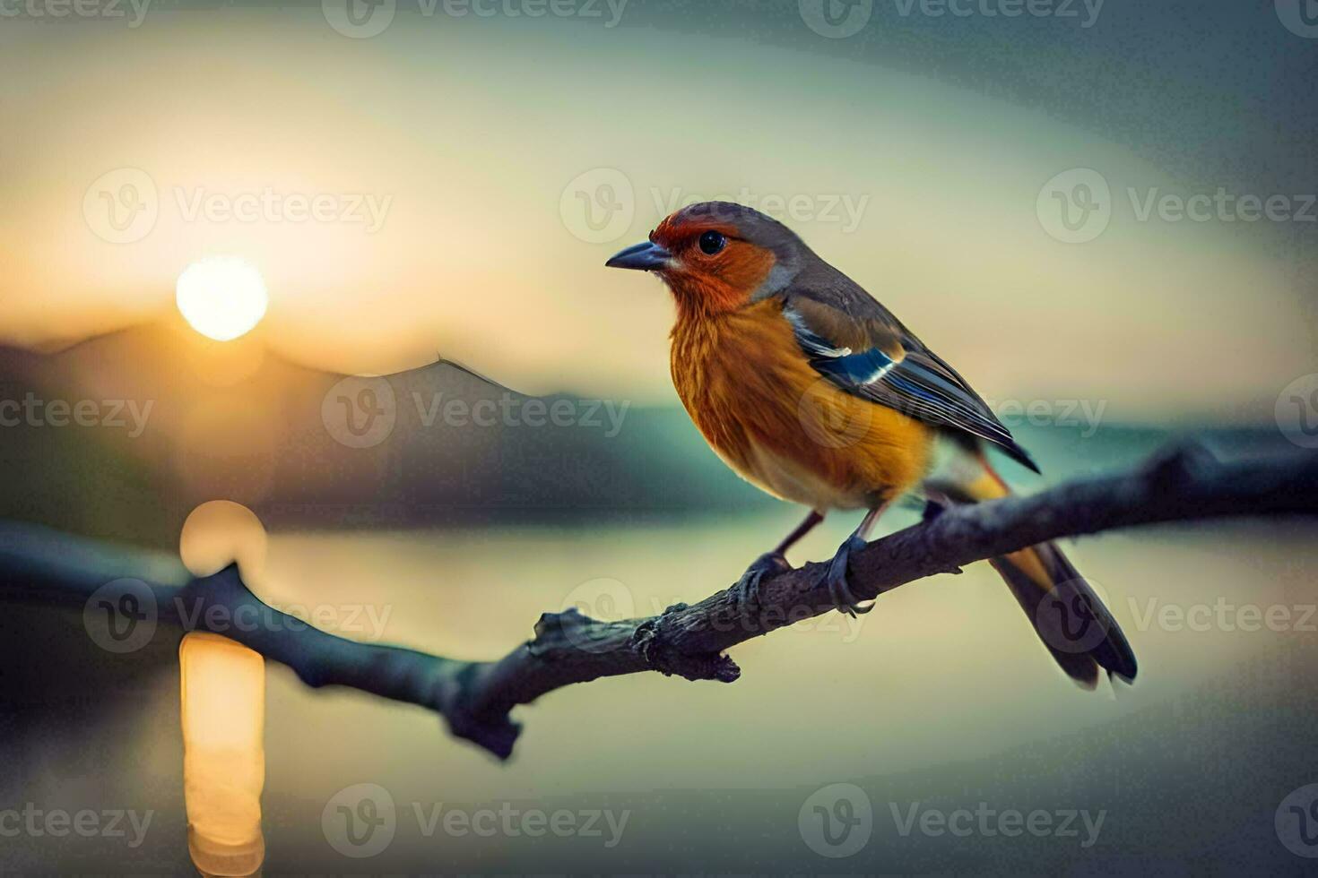 a bird sits on a branch at sunset. AI-Generated photo