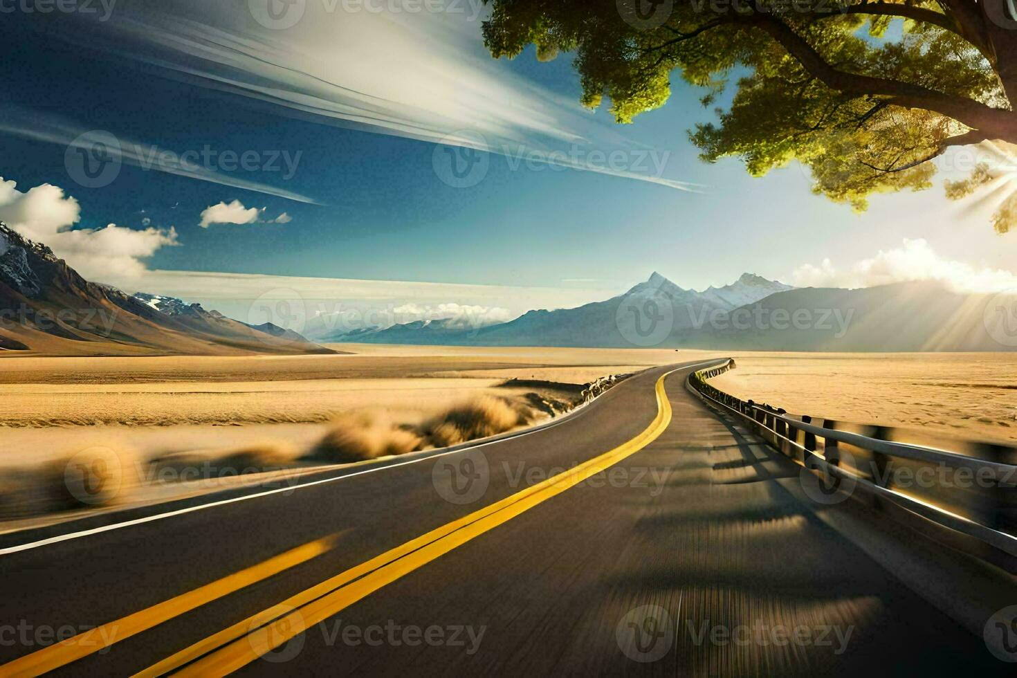 a road in the middle of a desert with mountains in the background. AI-Generated photo