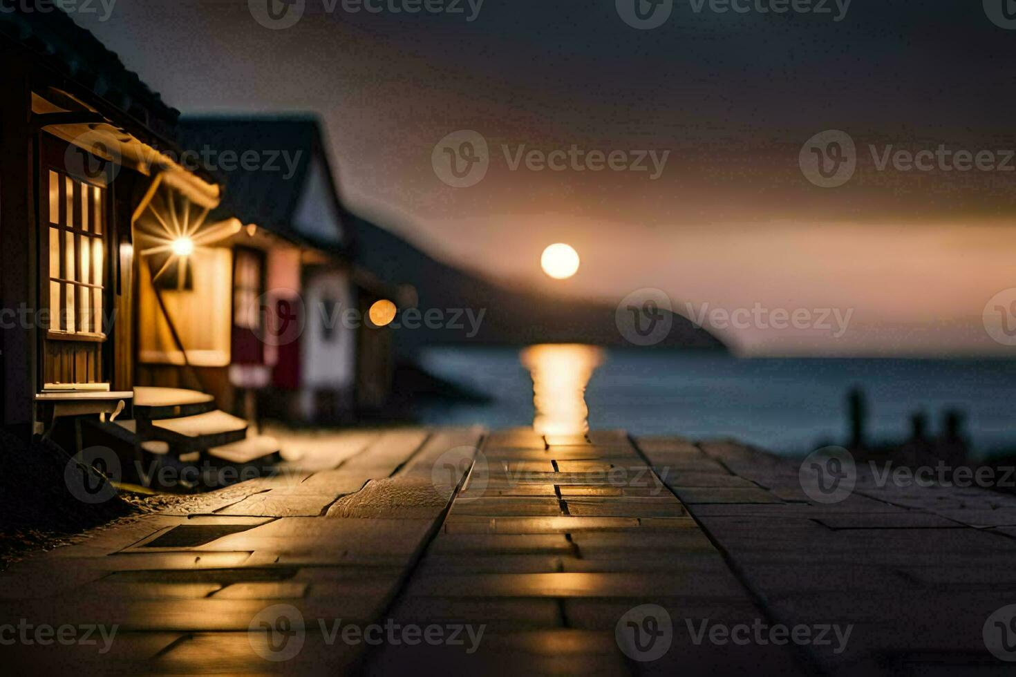 a street with houses and a beach at night. AI-Generated photo