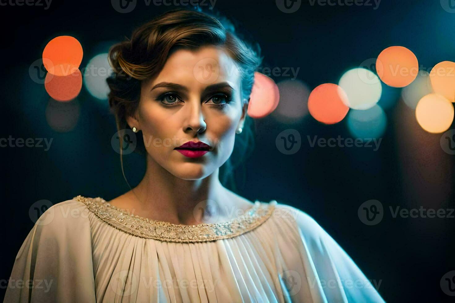 a woman in a white dress with red lips. AI-Generated photo