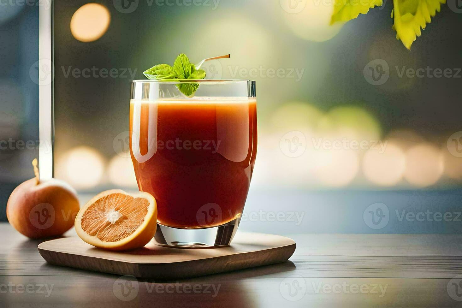 a glass of juice with an orange slice on a wooden tray. AI-Generated photo