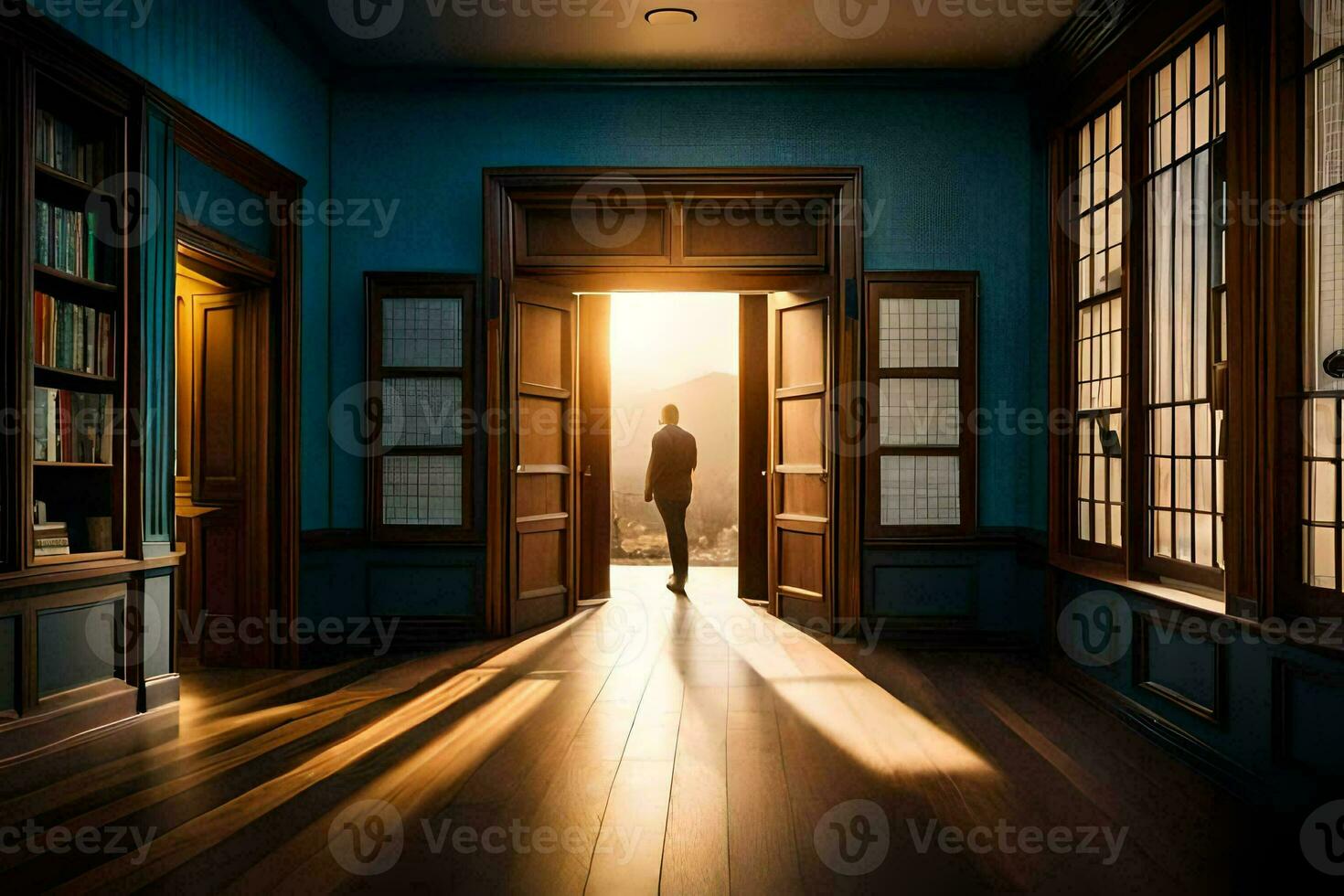 un hombre es en pie en el puerta de un habitación con estantería. generado por ai foto