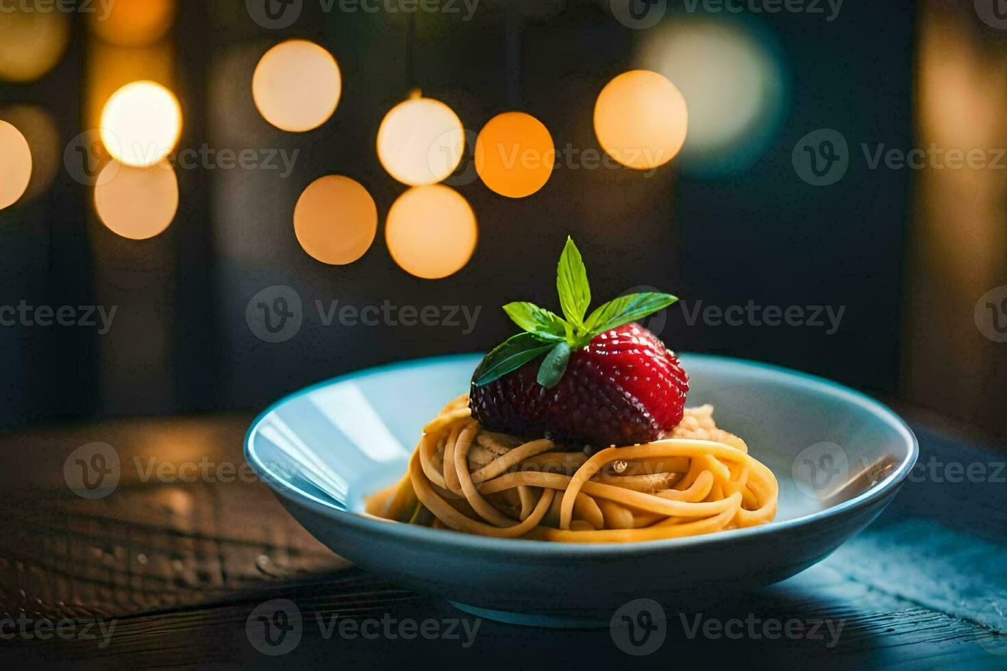 a plate of spaghetti with a strawberry on top. AI-Generated photo