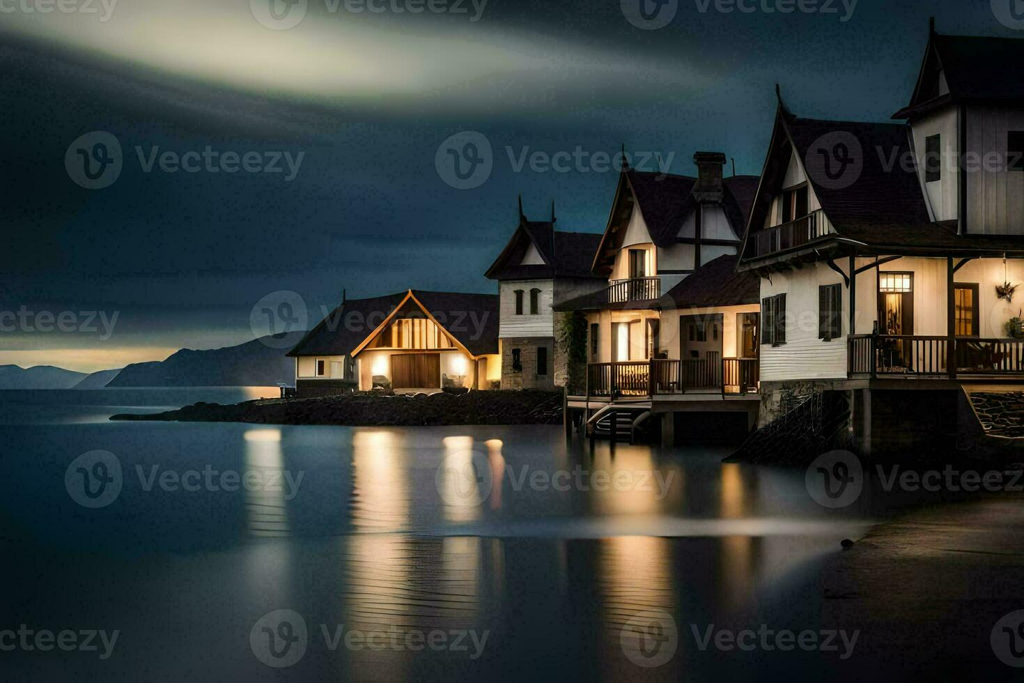 a house on the water at night. AI-Generated photo