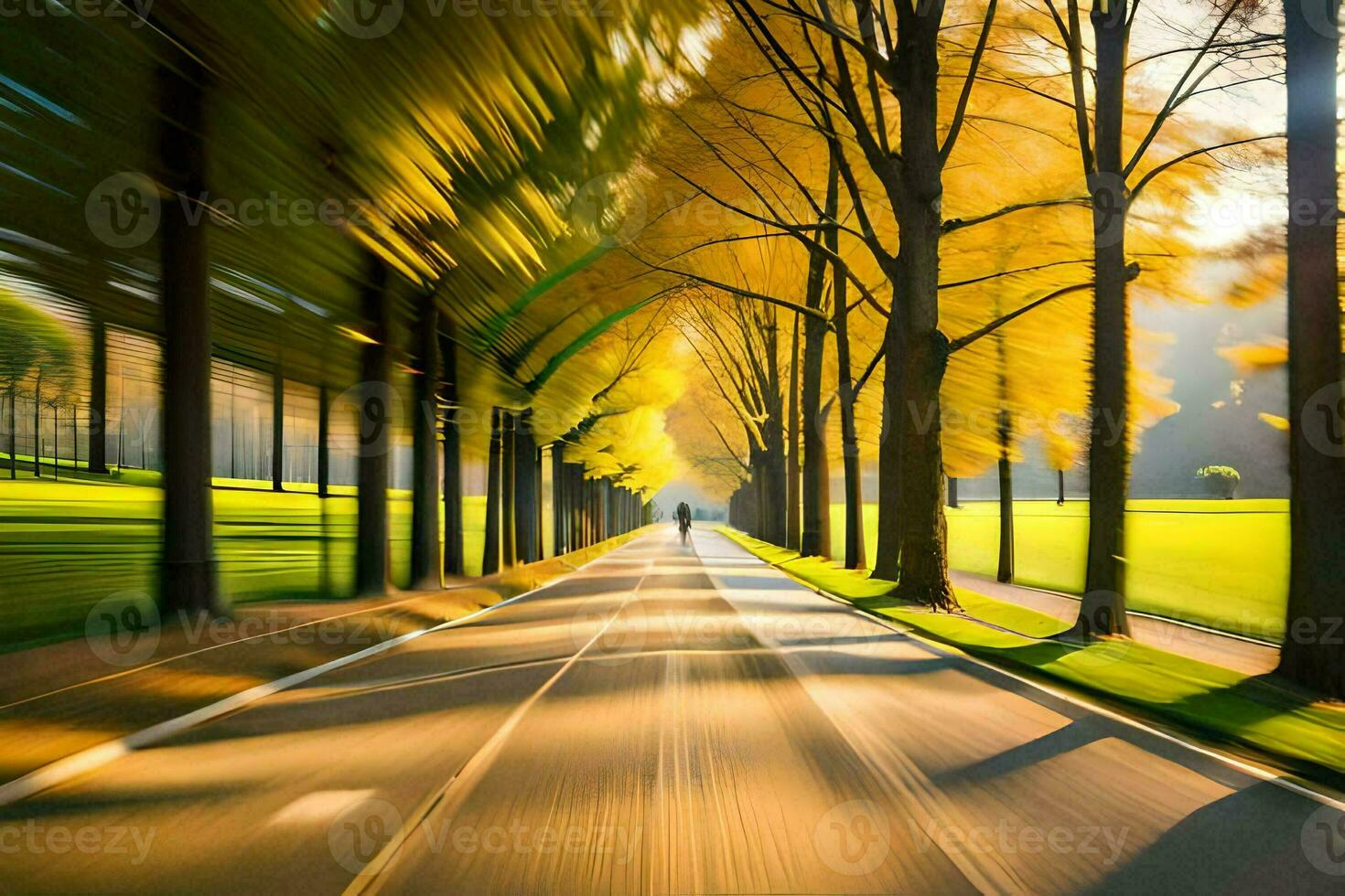 a blurry image of a road with trees. AI-Generated photo