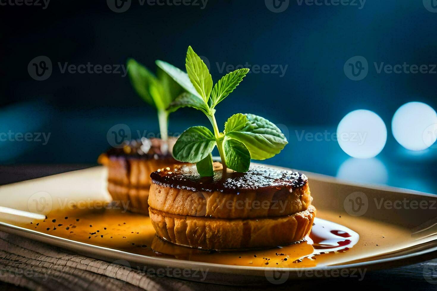two slices of meat on a plate with sauce. AI-Generated photo
