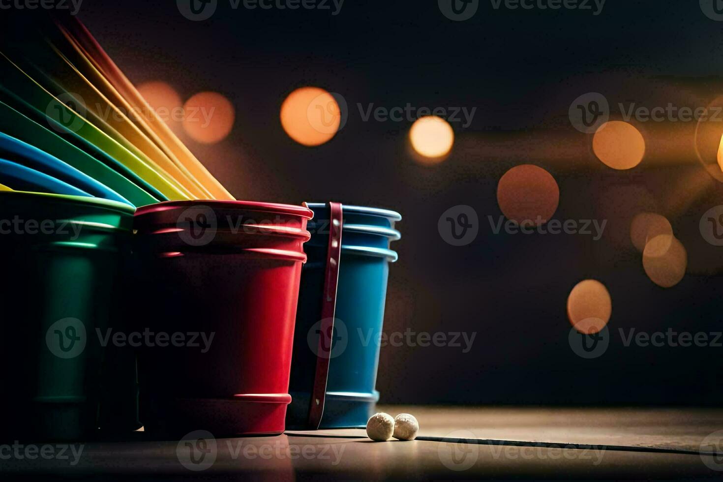 colorful plastic buckets with a rainbow on the table. AI-Generated photo