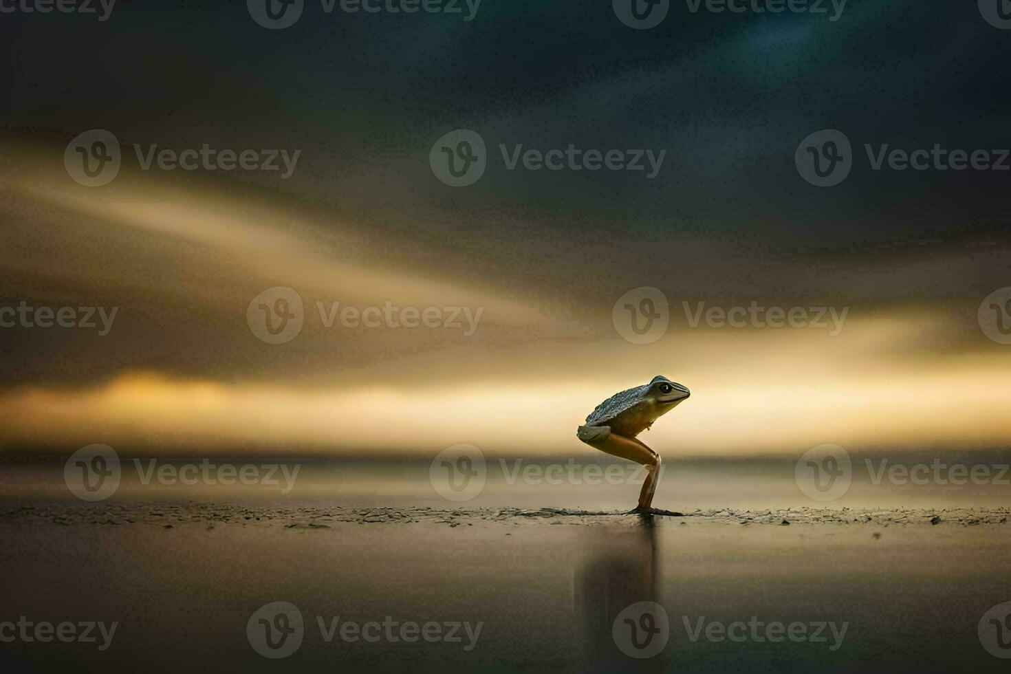 a frog standing on the beach at sunset. AI-Generated photo