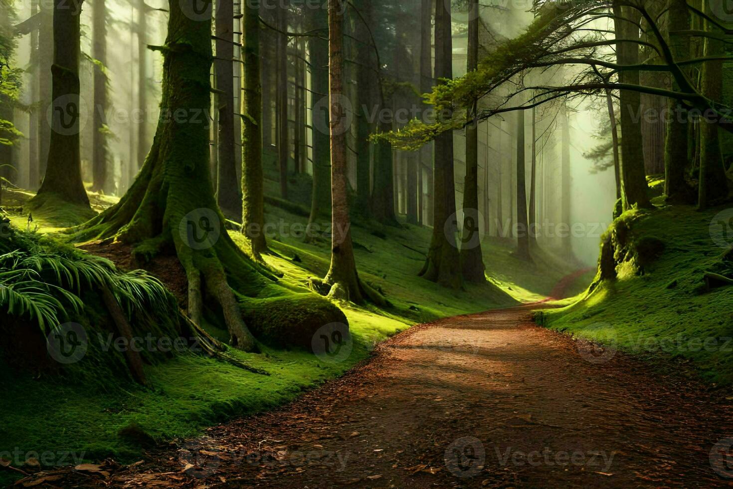 a path through a forest with trees and green grass. AI-Generated photo