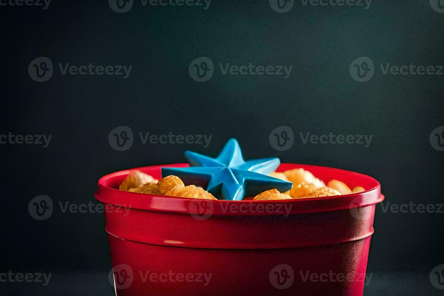 a red bucket filled with popcorn and a blue star. AI-Generated photo