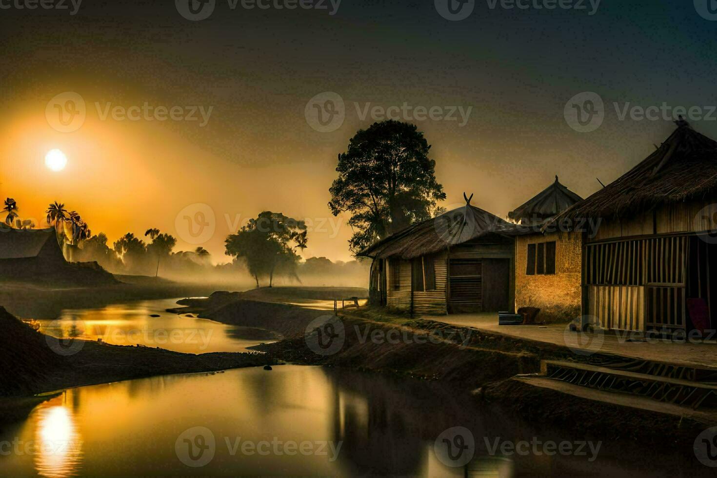 un río en el Mañana. generado por ai foto