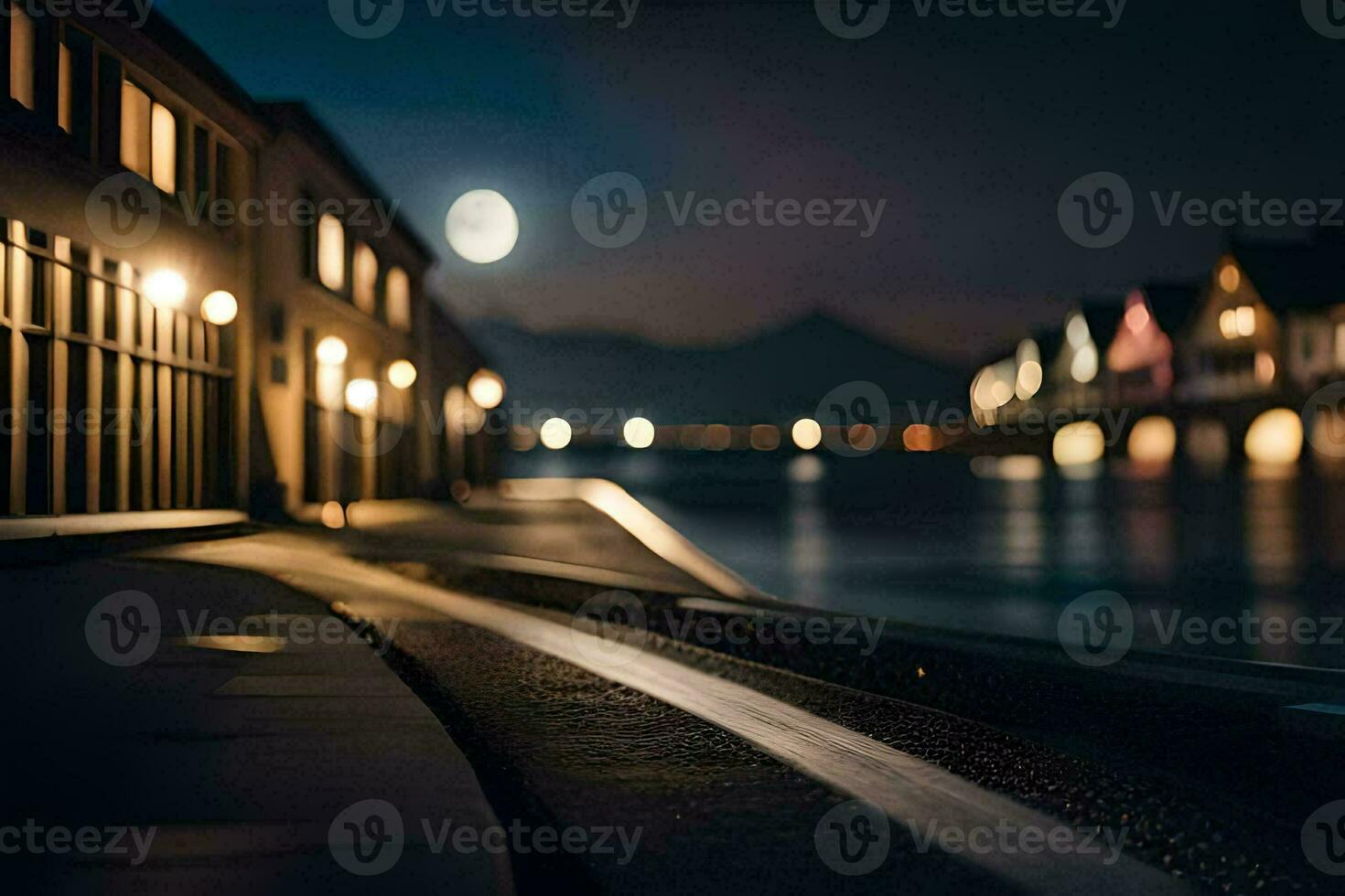 un tren pistas a noche con un Luna en el cielo. generado por ai foto